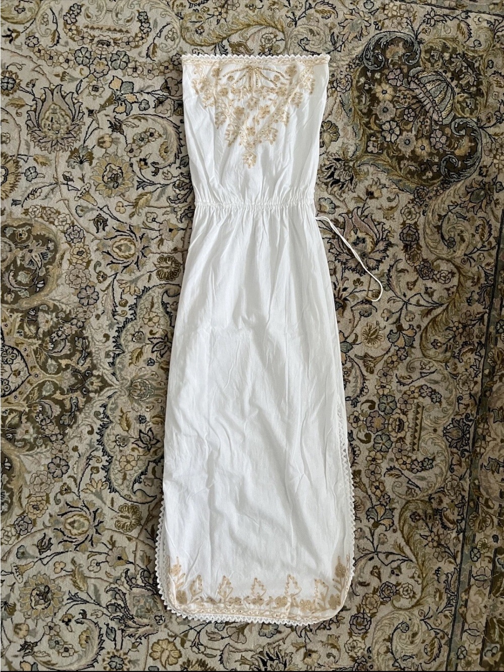 Cynthia Rowley Tube Top White Dress Gold Maxi Dress Embroidered XS Fit Small S